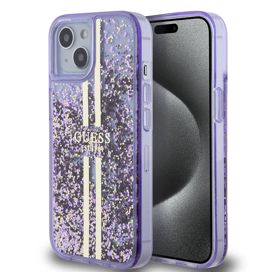 iPhone 15 Kılıf Guess Orjinal Lisanslı Transparan Sıvılı Simli Altın Çizgili Kılıf