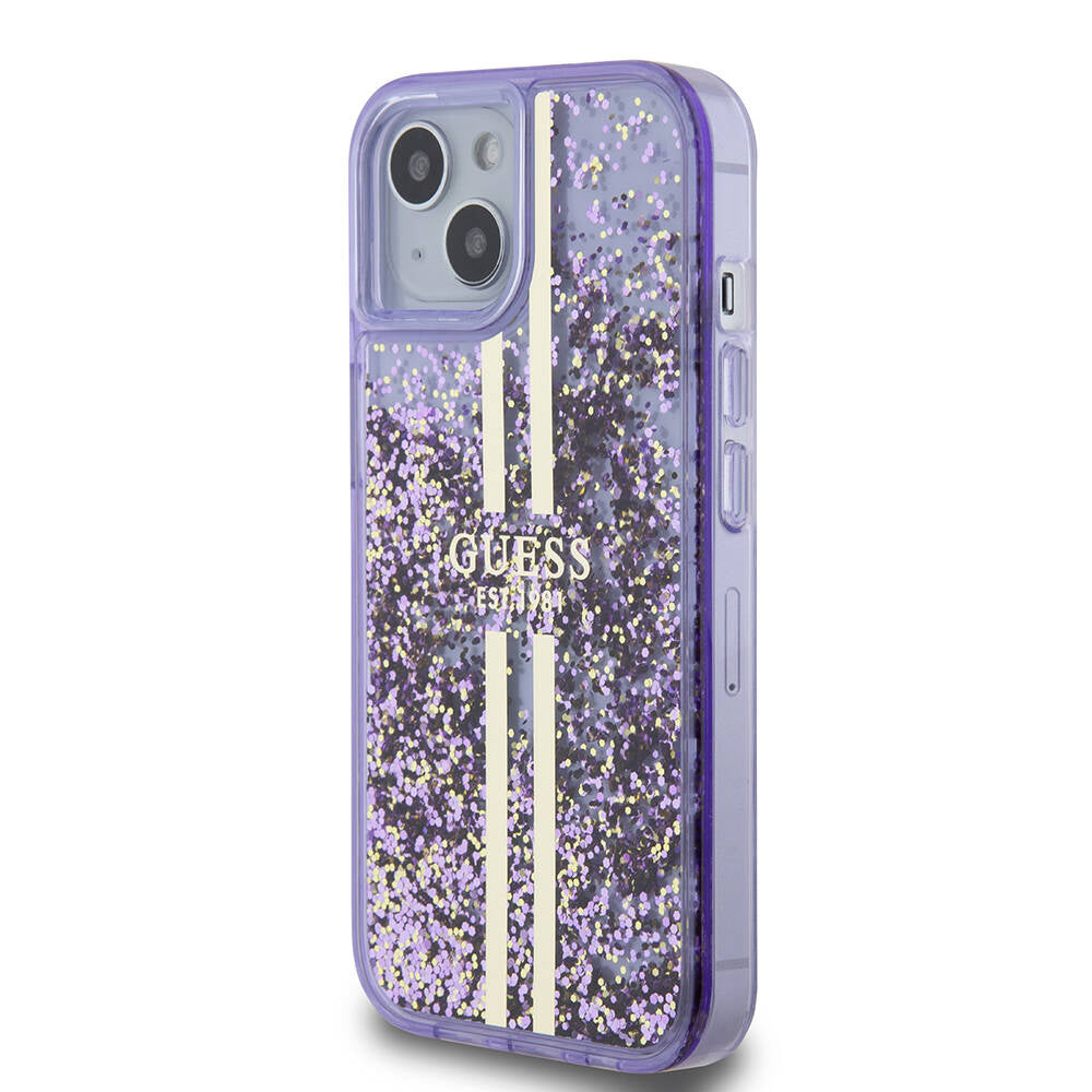 iPhone 15 Kılıf Guess Orjinal Lisanslı Transparan Sıvılı Simli Altın Çizgili Kılıf