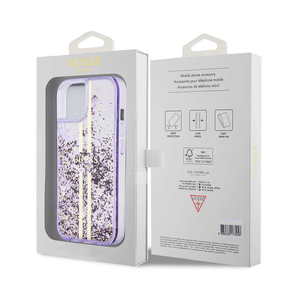 iPhone 15 Kılıf Guess Orjinal Lisanslı Transparan Sıvılı Simli Altın Çizgili Kılıf