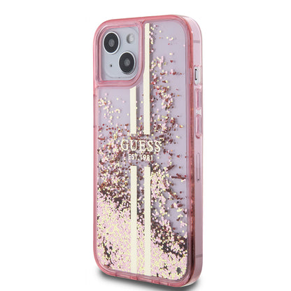 iPhone 15 Kılıf Guess Orjinal Lisanslı Transparan Sıvılı Simli Altın Çizgili Kılıf