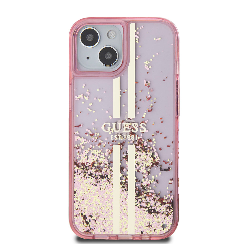 iPhone 15 Kılıf Guess Orjinal Lisanslı Transparan Sıvılı Simli Altın Çizgili Kılıf