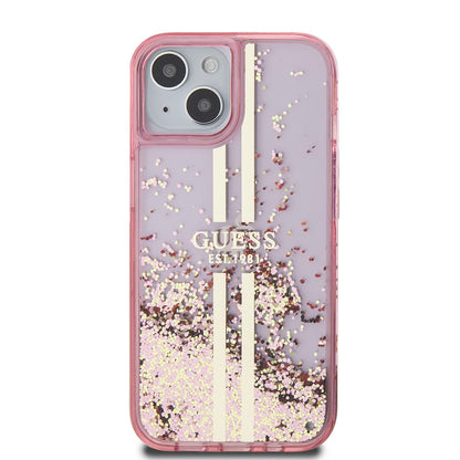 iPhone 15 Kılıf Guess Orjinal Lisanslı Transparan Sıvılı Simli Altın Çizgili Kılıf