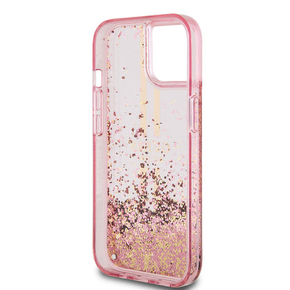 iPhone 15 Kılıf Guess Orjinal Lisanslı Transparan Sıvılı Simli Altın Çizgili Kılıf