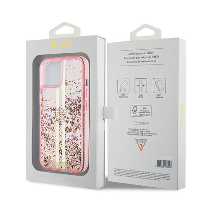 iPhone 15 Kılıf Guess Orjinal Lisanslı Transparan Sıvılı Simli Altın Çizgili Kılıf