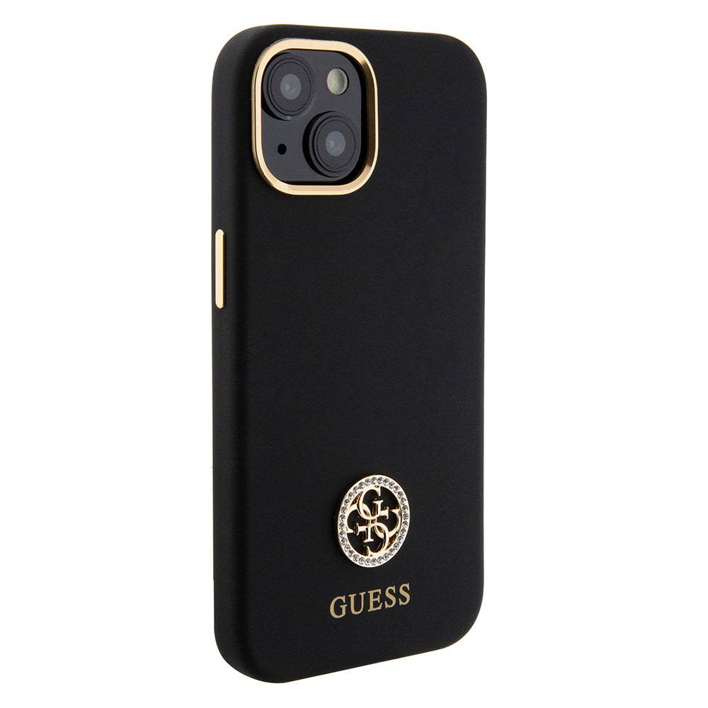 iPhone 15 Kılıf Guess Orjinal Lisanslı Yazı ve Taşlı 4G Logolu Metal Kamera Çerçeveli Silikon Kılıf