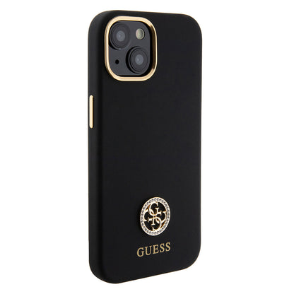 iPhone 15 Kılıf Guess Orjinal Lisanslı Yazı ve Taşlı 4G Logolu Metal Kamera Çerçeveli Silikon Kılıf