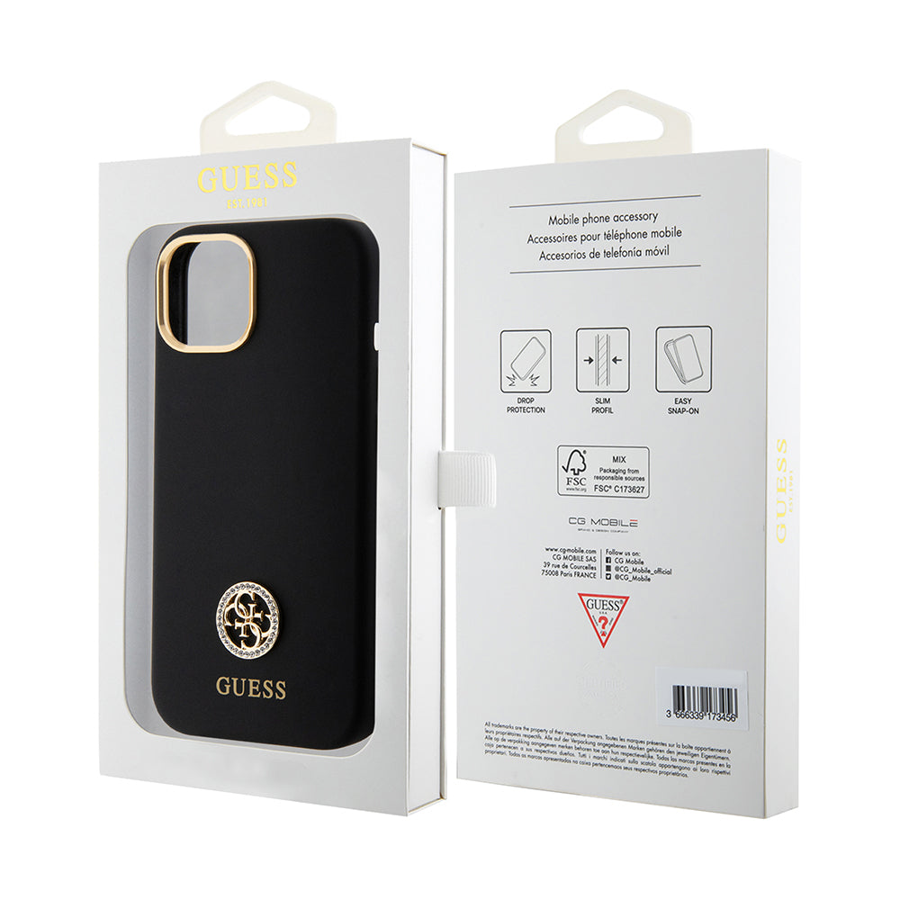 iPhone 15 Kılıf Guess Orjinal Lisanslı Yazı ve Taşlı 4G Logolu Metal Kamera Çerçeveli Silikon Kılıf