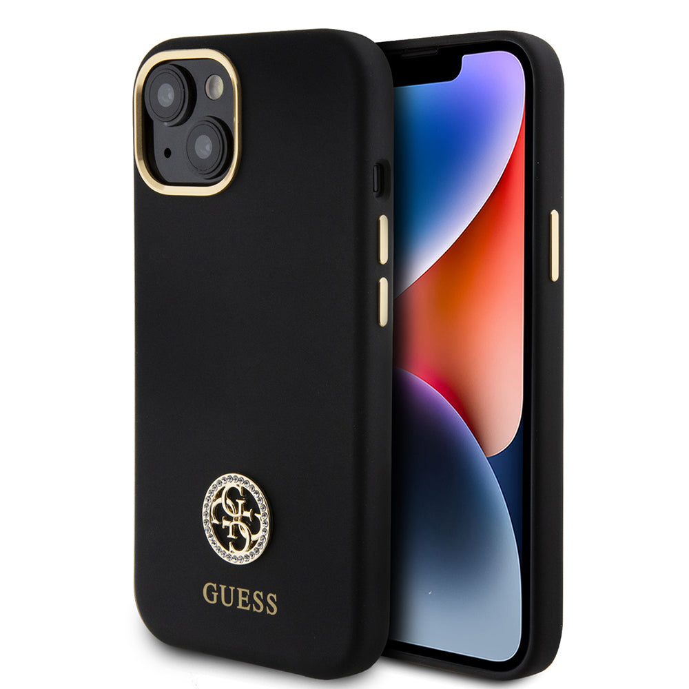 iPhone 15 Kılıf Guess Orjinal Lisanslı Yazı ve Taşlı 4G Logolu Metal Kamera Çerçeveli Silikon Kılıf