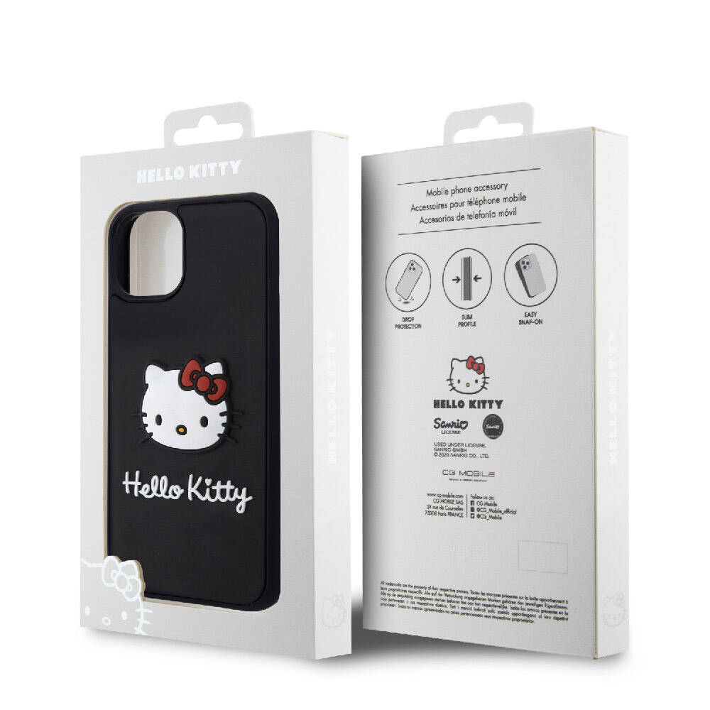 Apple iPhone 15 Kılıf Hello Kitty Orjinal Lisanslı Yazı ve İkonik Logolu 3D Rubber Kitty Head Kapak