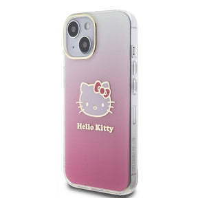 Apple iPhone 15 Kılıf Hello Kitty Orjinal Lisanslı Yazı ve İkonik Logolu Elektroplating Kaplama Gradyan Kapak