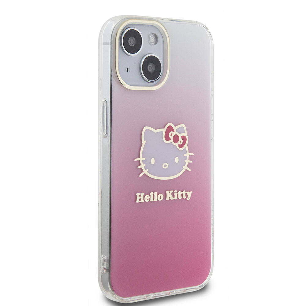 Apple iPhone 15 Kılıf Hello Kitty Orjinal Lisanslı Yazı ve İkonik Logolu Elektroplating Kaplama Gradyan Kapak