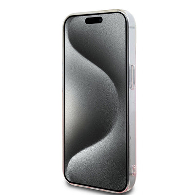 Apple iPhone 15 Kılıf Hello Kitty Orjinal Lisanslı Yazı ve İkonik Logolu Elektroplating Kaplama Gradyan Kapak Pembe