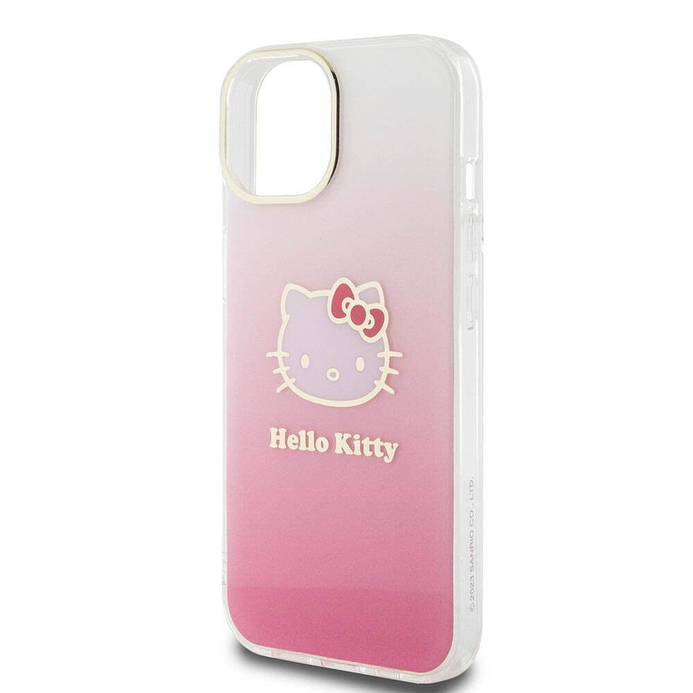 Apple iPhone 15 Kılıf Hello Kitty Orjinal Lisanslı Yazı ve İkonik Logolu Elektroplating Kaplama Gradyan Kapak