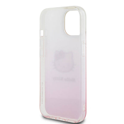 Apple iPhone 15 Kılıf Hello Kitty Orjinal Lisanslı Yazı ve İkonik Logolu Elektroplating Kaplama Gradyan Kapak Pembe