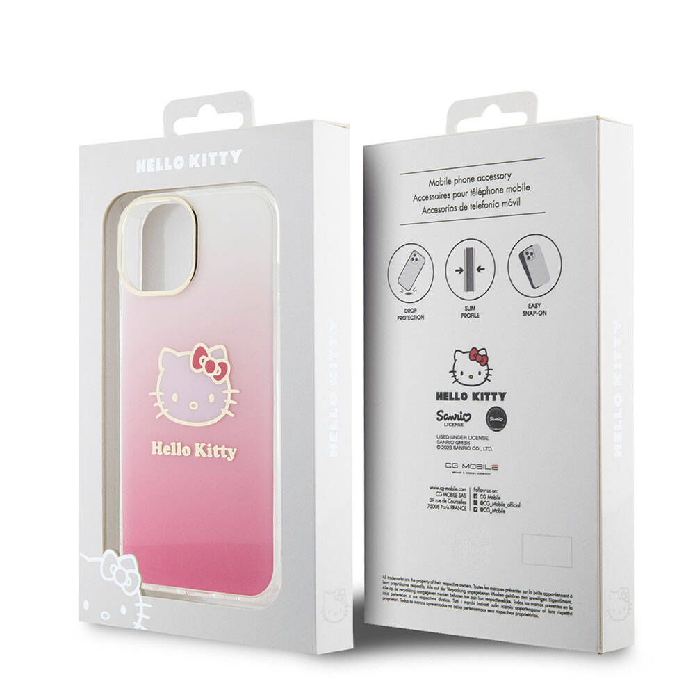 Apple iPhone 15 Kılıf Hello Kitty Orjinal Lisanslı Yazı ve İkonik Logolu Elektroplating Kaplama Gradyan Kapak Pembe