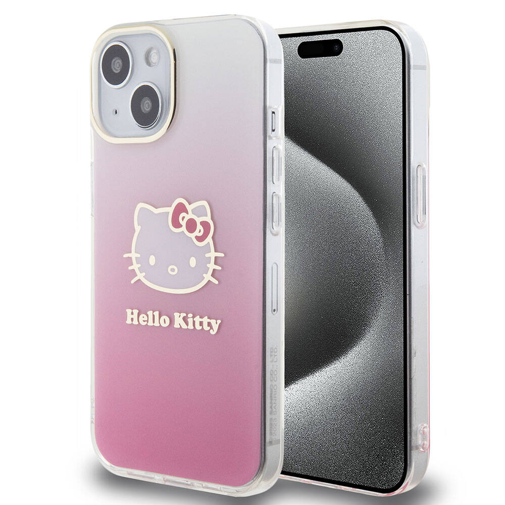 Apple iPhone 15 Kılıf Hello Kitty Orjinal Lisanslı Yazı ve İkonik Logolu Elektroplating Kaplama Gradyan Kapak