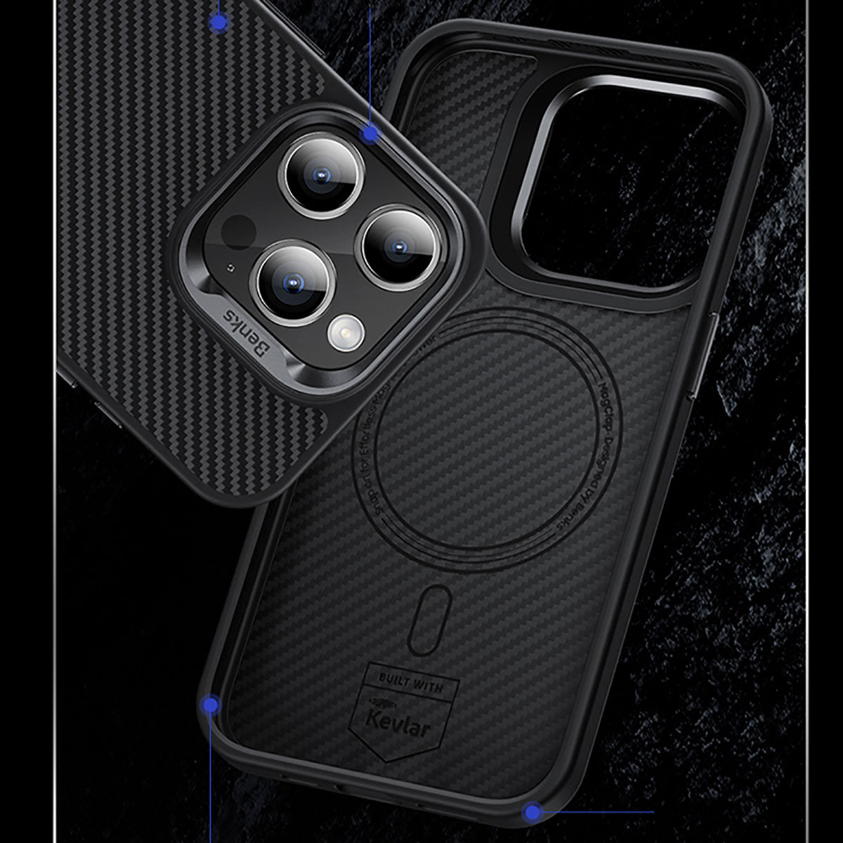 iPhone 15 Kılıf Karbon Fiber M-safe Şarj Özellikli Benks Hybrid ArmorPro 600D Kevlar Kılıf