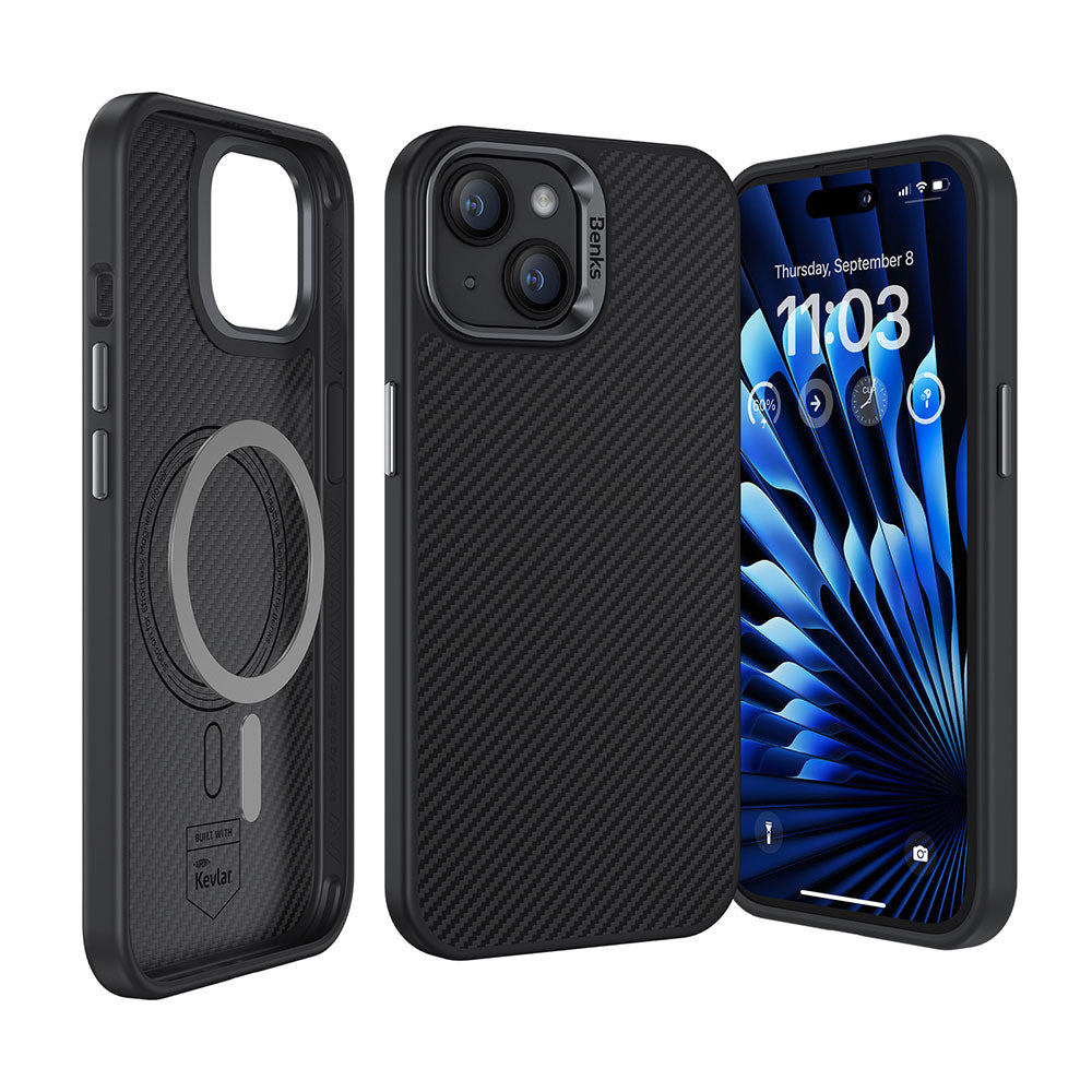 iPhone 15 Kılıf Karbon Fiber M-safe Şarj Özellikli Benks Hybrid ArmorPro 600D Kevlar Kılıf