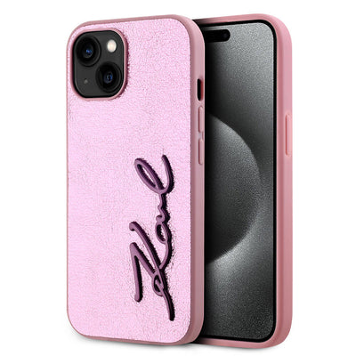 Apple iPhone 15 Kılıf Karl Lagerfeld Orjinal Lisanslı 3D KL Yazılı Tüylü Arka Yüzey Saffiano Rhinestones Kapak Gold
