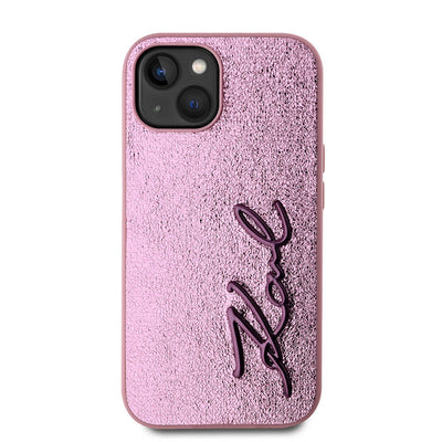 Apple iPhone 15 Kılıf Karl Lagerfeld Orjinal Lisanslı 3D KL Yazılı Tüylü Arka Yüzey Saffiano Rhinestones Kapak Gold