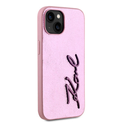 Apple iPhone 15 Kılıf Karl Lagerfeld Orjinal Lisanslı 3D KL Yazılı Tüylü Arka Yüzey Saffiano Rhinestones Kapak Gold