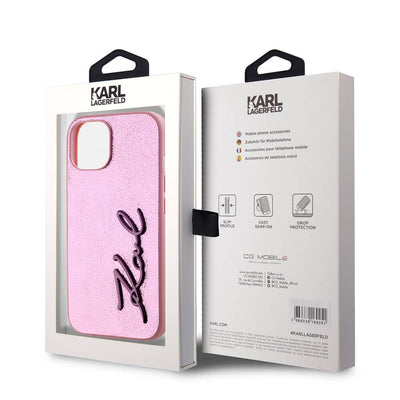 Apple iPhone 15 Kılıf Karl Lagerfeld Orjinal Lisanslı 3D KL Yazılı Tüylü Arka Yüzey Saffiano Rhinestones Kapak Gold