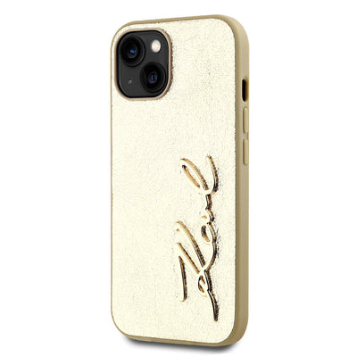 Apple iPhone 15 Kılıf Karl Lagerfeld Orjinal Lisanslı 3D KL Yazılı Tüylü Arka Yüzey Saffiano Rhinestones Kapak Gold