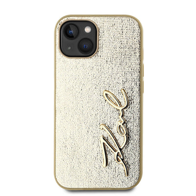 Apple iPhone 15 Kılıf Karl Lagerfeld Orjinal Lisanslı 3D KL Yazılı Tüylü Arka Yüzey Saffiano Rhinestones Kapak Gold