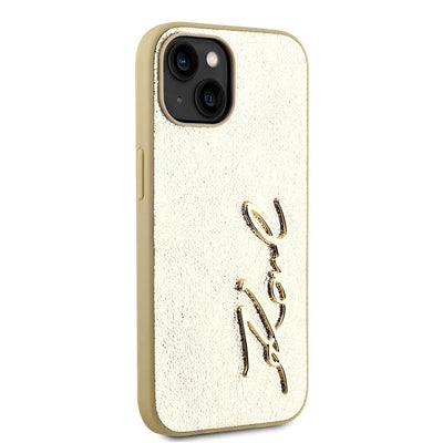 Apple iPhone 15 Kılıf Karl Lagerfeld Orjinal Lisanslı 3D KL Yazılı Tüylü Arka Yüzey Saffiano Rhinestones Kapak Gold