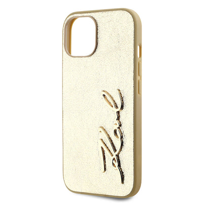 Apple iPhone 15 Kılıf Karl Lagerfeld Orjinal Lisanslı 3D KL Yazılı Tüylü Arka Yüzey Saffiano Rhinestones Kapak Gold