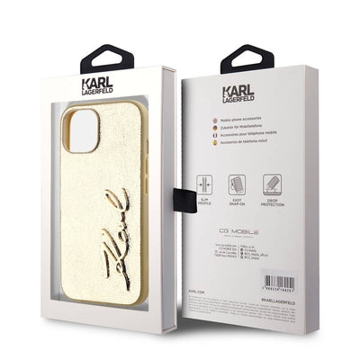 Apple iPhone 15 Kılıf Karl Lagerfeld Orjinal Lisanslı 3D KL Yazılı Tüylü Arka Yüzey Saffiano Rhinestones Kapak Gold