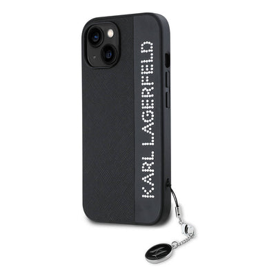 Apple iPhone 15 Kılıf Karl Lagerfeld Orjinal Lisanslı Anahtarlıklı Taşlı KL Yazılı Saffiano Rhinestones Kapak Pembe