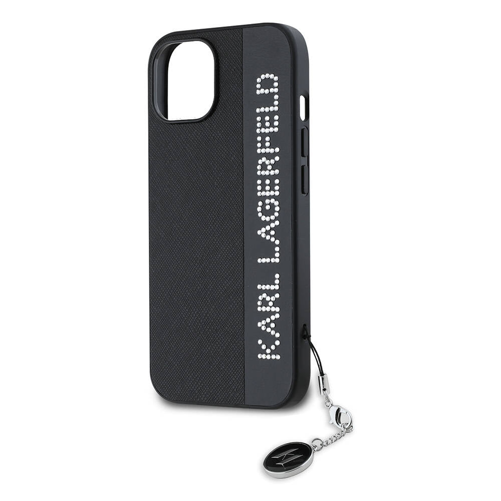 Apple iPhone 15 Kılıf Karl Lagerfeld Orjinal Lisanslı Anahtarlıklı Taşlı KL Yazılı Saffiano Rhinestones Kapak Pembe