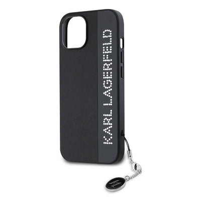 Apple iPhone 15 Kılıf Karl Lagerfeld Orjinal Lisanslı Anahtarlıklı Taşlı KL Yazılı Saffiano Rhinestones Kapak Pembe