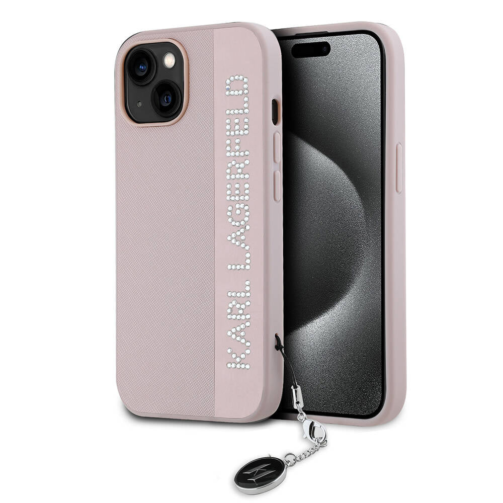 iPhone 15 Kılıf Karl Lagerfeld Orjinal Lisanslı Anahtarlıklı Taşlı KL Yazılı Saffiano Rhinestones Kılıf