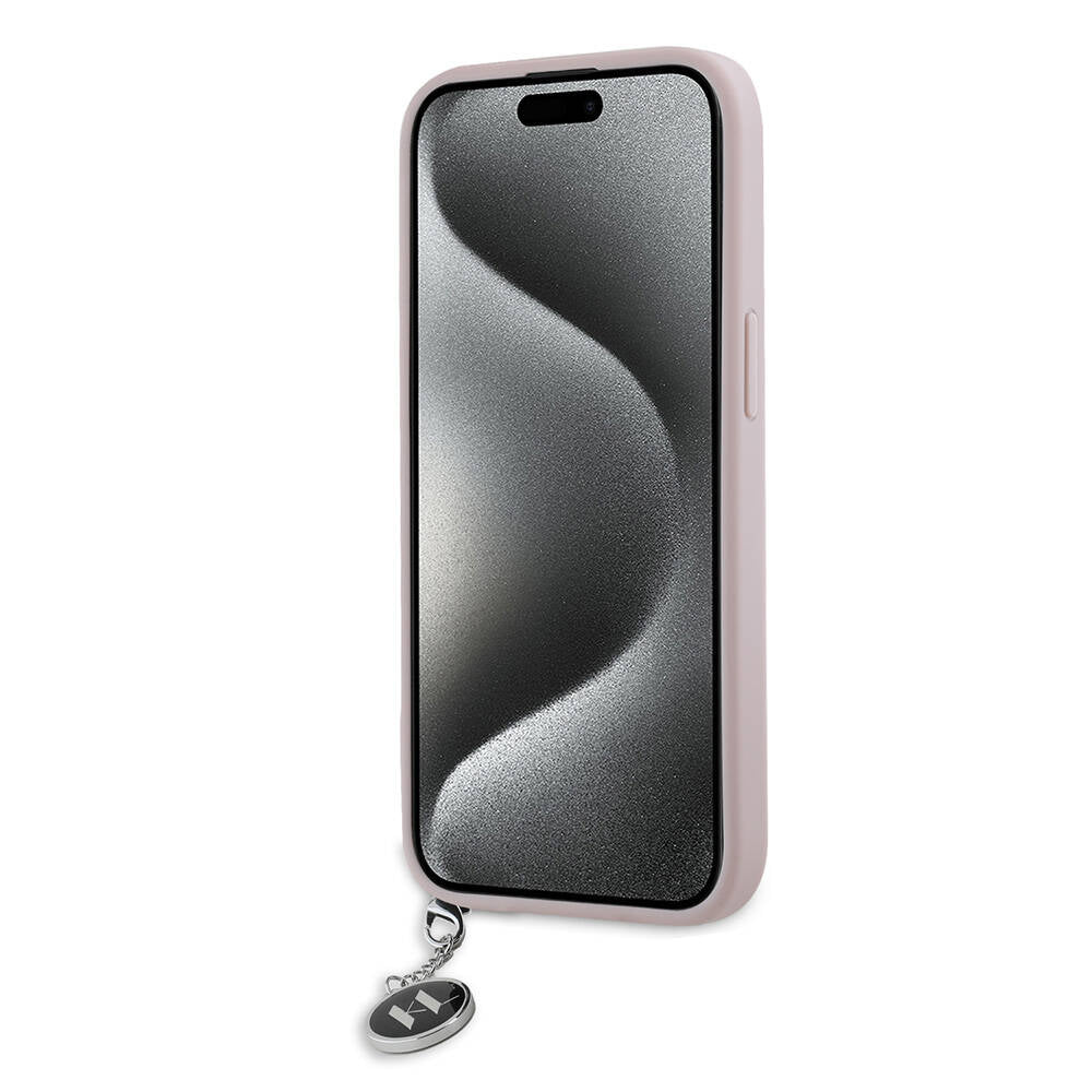 Apple iPhone 15 Kılıf Karl Lagerfeld Orjinal Lisanslı Anahtarlıklı Taşlı KL Yazılı Saffiano Rhinestones Kapak Pembe