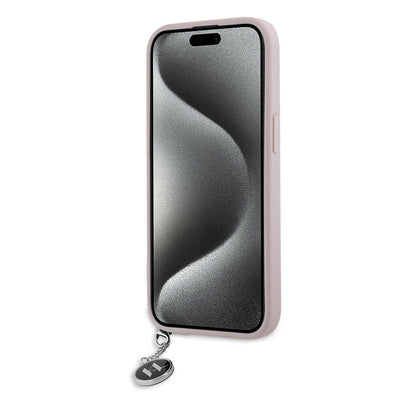 Apple iPhone 15 Kılıf Karl Lagerfeld Orjinal Lisanslı Anahtarlıklı Taşlı KL Yazılı Saffiano Rhinestones Kapak Pembe