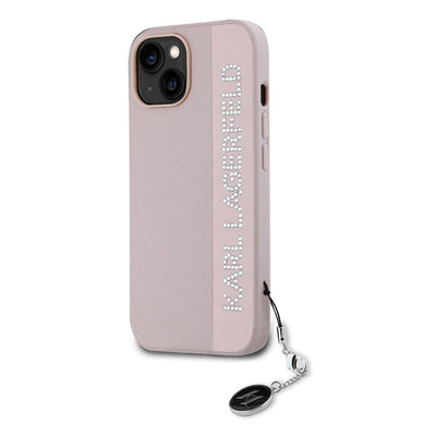Apple iPhone 15 Kılıf Karl Lagerfeld Orjinal Lisanslı Anahtarlıklı Taşlı KL Yazılı Saffiano Rhinestones Kapak Pembe