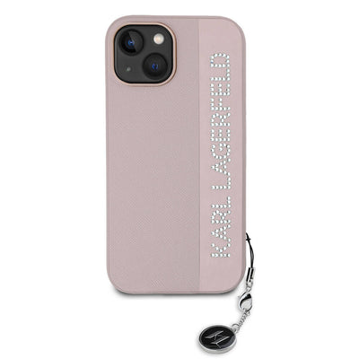 Apple iPhone 15 Kılıf Karl Lagerfeld Orjinal Lisanslı Anahtarlıklı Taşlı KL Yazılı Saffiano Rhinestones Kapak Pembe