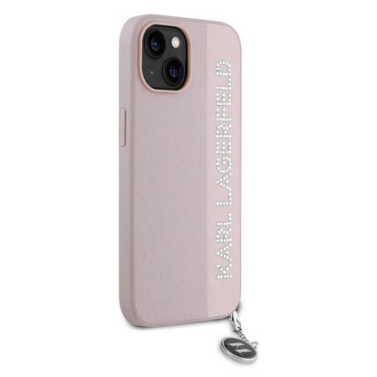 iPhone 15 Kılıf Karl Lagerfeld Orjinal Lisanslı Anahtarlıklı Taşlı KL Yazılı Saffiano Rhinestones Kılıf