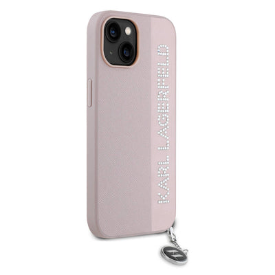Apple iPhone 15 Kılıf Karl Lagerfeld Orjinal Lisanslı Anahtarlıklı Taşlı KL Yazılı Saffiano Rhinestones Kapak Pembe