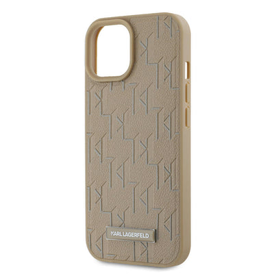Apple iPhone 15 Kılıf Karl Lagerfeld Orjinal Lisanslı Magsafe Şarj Özellikli KL Yazılı Hot Stamp Kapak Krem