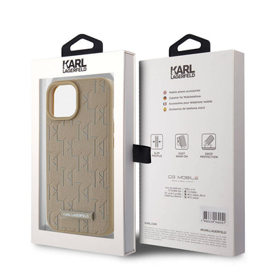 Apple iPhone 15 Kılıf Karl Lagerfeld Orjinal Lisanslı Magsafe Şarj Özellikli KL Yazılı Hot Stamp Kapak Krem