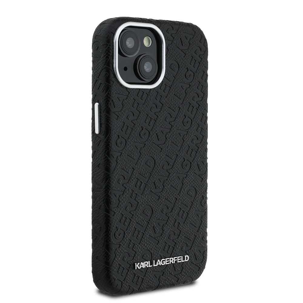 iPhone 15 Kılıf Karl Lagerfeld Orjinal Lisanslı PU Deri Damgalı Metal Yazı Logolu Kılıf