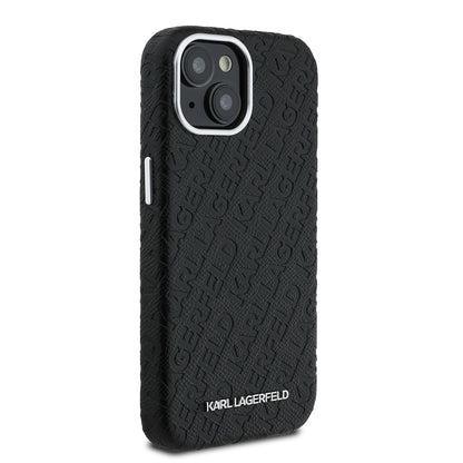 iPhone 15 Kılıf Karl Lagerfeld Orjinal Lisanslı PU Deri Damgalı Metal Yazı Logolu Kılıf