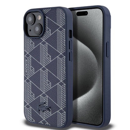 iPhone 15 Kılıf Lacoste Orjinal Lisanslı M-safe Şarj Özellikli PU Deri Görünümlü Karışık Monogram Desenli Kılıf