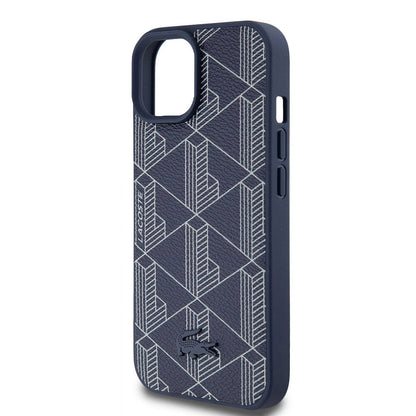 iPhone 15 Kılıf Lacoste Orjinal Lisanslı M-safe Şarj Özellikli PU Deri Görünümlü Karışık Monogram Desenli Kılıf