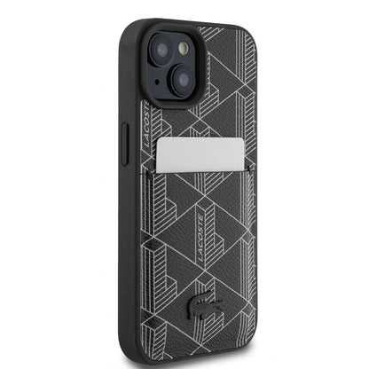 iPhone 15 Kılıf Lacoste Orjinal Lisanslı M-safe Şarj Özellikli PU Deri Görünümlü Kartlıklı Karışık Monogram Desenli Kılıf