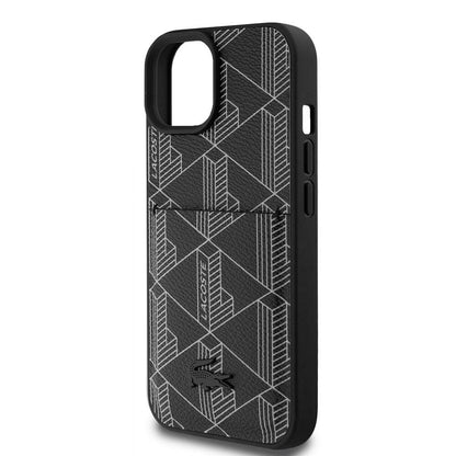 iPhone 15 Kılıf Lacoste Orjinal Lisanslı M-safe Şarj Özellikli PU Deri Görünümlü Kartlıklı Karışık Monogram Desenli Kılıf