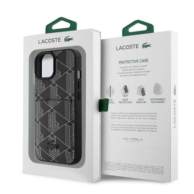Apple iPhone 15 Kılıf Lacoste Orjinal Lisanslı Magsafe Şarj Özellikli PU Deri Görünümlü Kartlıklı Karışık Monogram Desenli Kapak Siyah